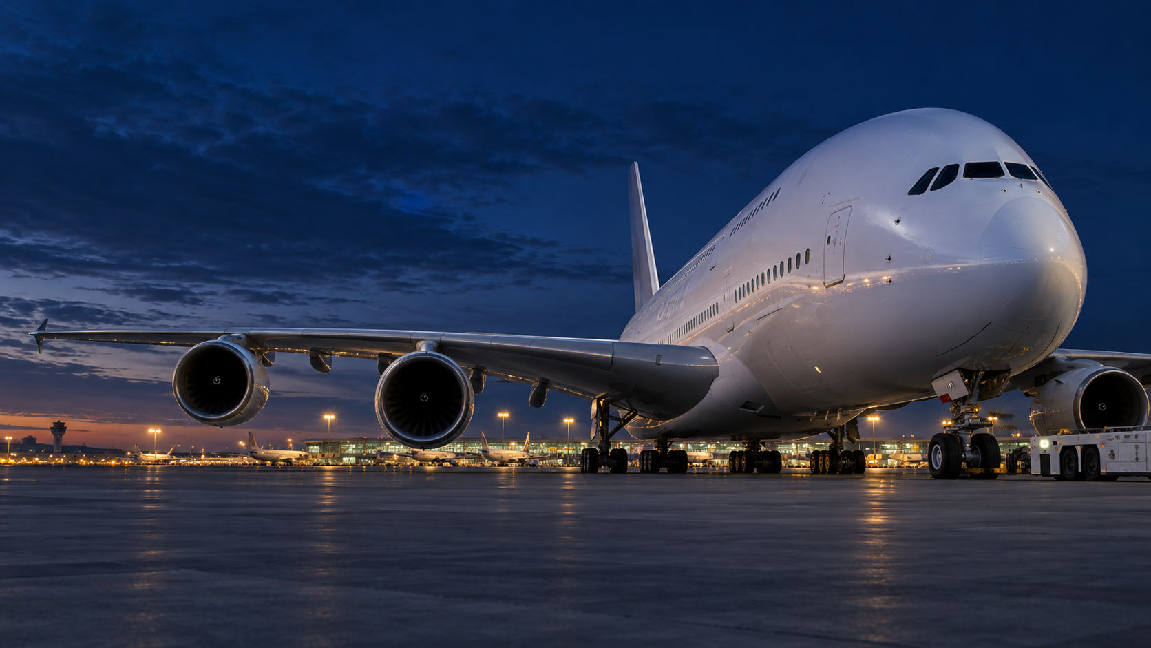 A very large four-engine passenger aircraft on an airport apron at dusk